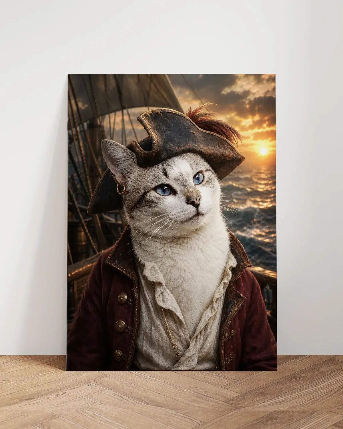 Portrait d’un chat en pirate imprimé sur Panneau Alu Fine Art, posé contre un mur
