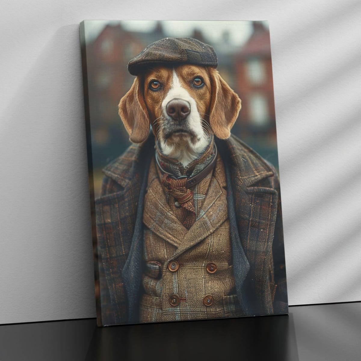 Portrait d’un beagle en veste de tweed imprimé sur toile, posé contre un mur