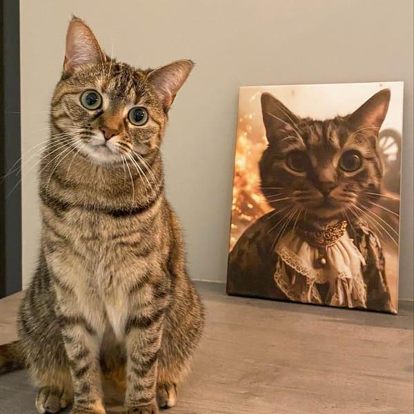 Chat tigré assis devant son portrait imprimé