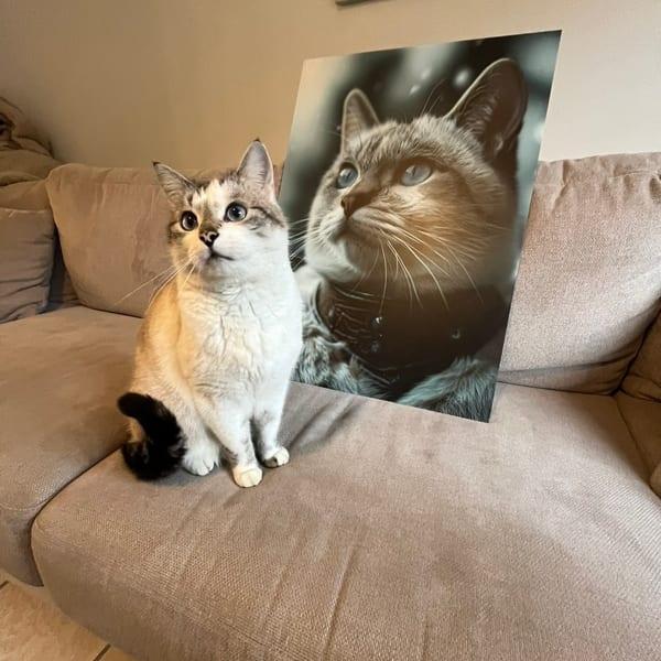 Chat blanc et gris aux yeux bleus assis sur un canapé, à côté de son portrait en armure