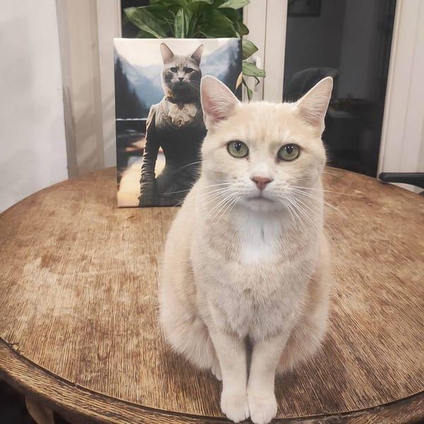 Chat crème assis devant son portrait imprimé